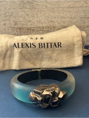 Alexis Bittar Teal Resin Bracelet with Gunmetal Cluster Accent-Black Crystal.